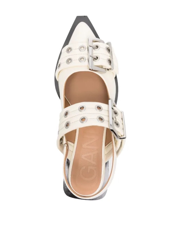 Ganni Cream And Black Pointed Buckle Slingback Flats